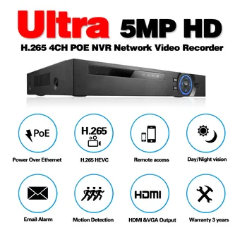 H. 265 NVR Poe 48V 1080P 5MP HDMI HD Recorder Video de Rețea Pentru Camera IP P2P de Detectare a Mișcării Acces Cctv Nvr Recorder 4 canale