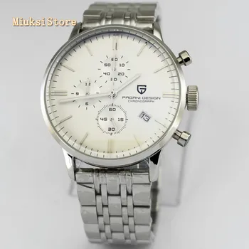 Fashion brand de lux Pagani design 43mm slver caz din oțel de alb de apelare data din piele cronograf cuarț japoneză barbati top ceas