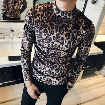 Leopard de moda T-shirt 2019 Iarnă pentru Bărbați de Înaltă Calitate de Catifea Barbati Topuri Slim High-gât T-shirt cu Maneca Lunga Barbati T-shirt Camiseta