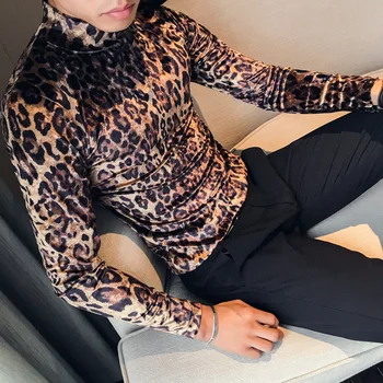 Leopard de moda T-shirt 2019 Iarnă pentru Bărbați de Înaltă Calitate de Catifea Barbati Topuri Slim High-gât T-shirt cu Maneca Lunga Barbati T-shirt Camiseta