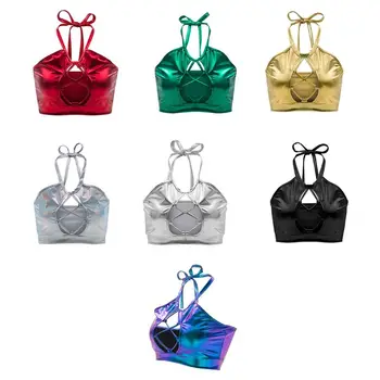 7 Culori Femeile Metalice Holografic Crop Top Dans Etapă Purta Sexy Decupaj Keyhole Halter Lace-Up Cami Vesta Polul Costume De Dans