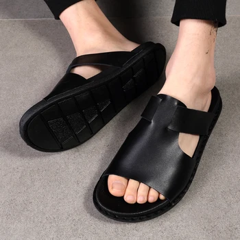 Oamenii Tobogane De Vacă Din Piele De Om Sandale Încălțăminte De Vară De Sex Masculin Moda Pantofi În Aer Liber Dimensiunea 38-45 Alb Negru