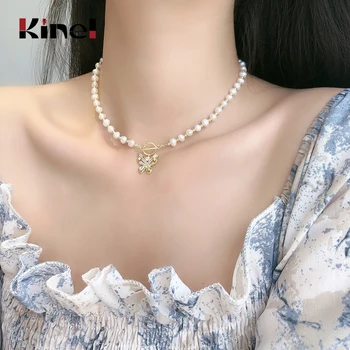 Kinel Colier din Argint 925 Pentru Femei Pandantiv Fluture Naturale Baroc, Colier de Perle cu Aur de 18k Placate cu Zircon Bijuterii Fine