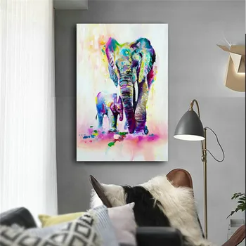 Acuarelă Elefant African Mama Fiul Animal Postere si Printuri Panza Pictura Scandinav, Nordic Poza Perete pentru Copii Decor