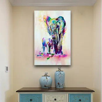 Acuarelă Elefant African Mama Fiul Animal Postere si Printuri Panza Pictura Scandinav, Nordic Poza Perete pentru Copii Decor