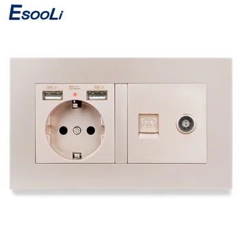 Esooli Panou de Plastic UE Priză Standard de Perete 2 Portul de Încărcare USB Ascunse Moale LED +Feminin TV Conector de Telefon și Conector