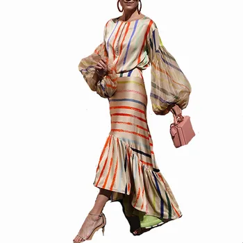 Femeile Boho Două Seturi De Piese Dungi Pulover Imprimare Tricou Si Fusta Asimetrica Cocktail Elegant Doamnă Birou Seturi De Toamnă Nou