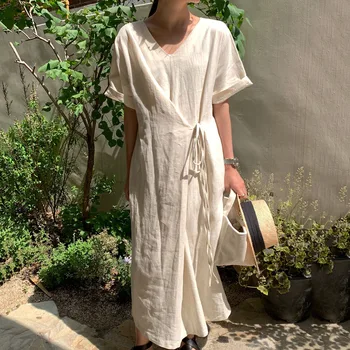 Coreea Japonia Vara O Singură Bucată Rochie Lunga 2020 Femei Îmbrăcăminte Solidă De Lave Up Fata Spate Feminin Liber Casual Rochii Maxi Office