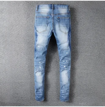 Nouă Bărbați de sex masculin stras de cristal mozaic albastru rupt blugi Slim fit skinny stretch denim pantaloni pantaloni