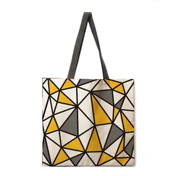 Negru și galben Nordic geometrice tote geantă de umăr, sac de tesatura lenjerie casual tote sac pliabil sac de cumpărături refolosibile geanta de plajă