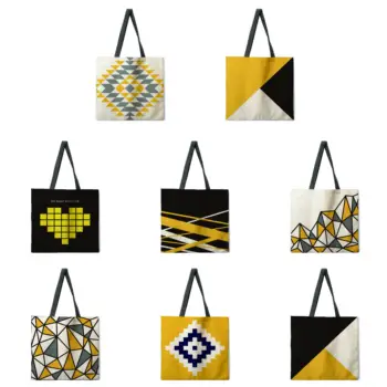 Negru și galben Nordic geometrice tote geantă de umăr, sac de tesatura lenjerie casual tote sac pliabil sac de cumpărături refolosibile geanta de plajă