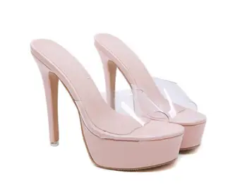 În afara Papuci de Femei Pantofi de Vara 2019 Clar PVC Papuci de casă Tocuri foarte inalte, 14cm Platforma Sexy Papuci de casă Club de noapte, Petrecere, Pantofi