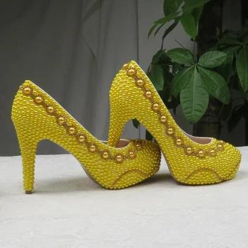 BaoYaFang de Aur Margele Perla femei nunta pantofi Mireasa, pantofi cu toc inalt doamnelor mare dimensiunea rochie de petrecere pantofi pentru femeie pantofi Platforma