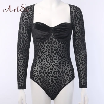 Artsu Catifea Corp Transparent Leopard Plasă Sexy Body Femei V-Neck Maneca Lunga Partid Slab Costume de Haine ASDR70164