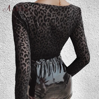 Artsu Catifea Corp Transparent Leopard Plasă Sexy Body Femei V-Neck Maneca Lunga Partid Slab Costume de Haine ASDR70164