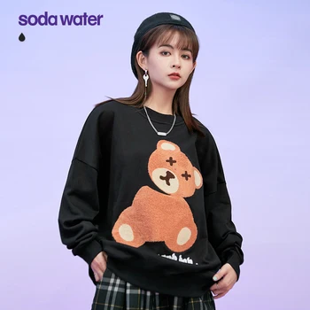 SODAWATER 2020 Toamnă Femeie Harajuku Urs Amuzant Broderie Tricou de Moda Negru Drăguț Crewneck Tricou Fata Pulovere