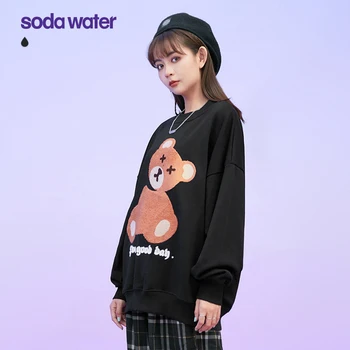 SODAWATER 2020 Toamnă Femeie Harajuku Urs Amuzant Broderie Tricou de Moda Negru Drăguț Crewneck Tricou Fata Pulovere