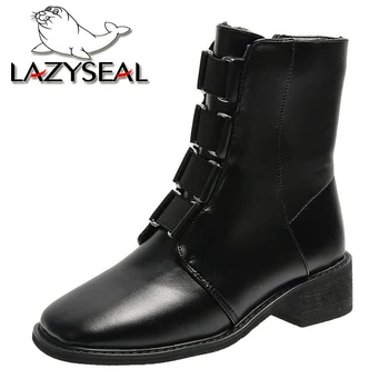 LazySeal 3cm Lemn Pătrat Tocuri Glezna Cizme pentru Femei Pantofi Zip Lemn Pantofi cu Toc Femeie Calde de Iarnă pentru Femei Cizme de Mari Dimensiuni 42