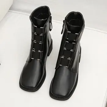 LazySeal 3cm Lemn Pătrat Tocuri Glezna Cizme pentru Femei Pantofi Zip Lemn Pantofi cu Toc Femeie Calde de Iarnă pentru Femei Cizme de Mari Dimensiuni 42
