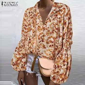 Femei de Primavara Toamna Bluza Feminin Elegant Lantern Maneca Blusa Print Floral Lace Up Shirt ZANZEA Moda Guler de Top Supradimensionat