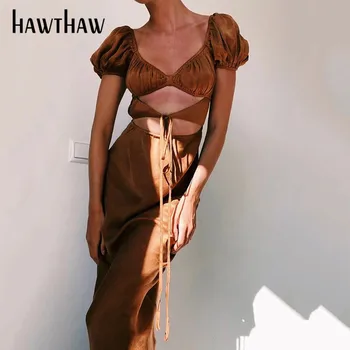 Hawthaw Femei Toamna Iarna Maneci Scurte Tubulare V Gâtului Cutat Monofazate Culoare Rochie Lunga 2020 Haine De Sex Feminin Streetwear