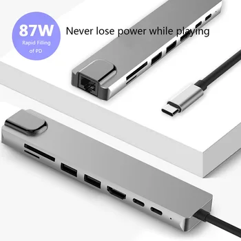 8 în 1 USB-C Hub Aliaj de Aluminiu HD 2 USB 3.0 Adaptor PD Încărcare SD &TF Card Reader RJ45 Laptop Portabil, Accesorii Gri