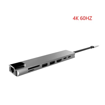 8 în 1 USB-C Hub Aliaj de Aluminiu HD 2 USB 3.0 Adaptor PD Încărcare SD &TF Card Reader RJ45 Laptop Portabil, Accesorii Gri