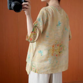 Supradimensionate pentru Femei Lenjerie de pat din Bumbac Bluze Camasi New Sosire 2020 Chineză Stil Vintage V-neck Print Feminin Liber Topuri Casual S1658