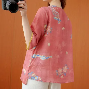 Supradimensionate pentru Femei Lenjerie de pat din Bumbac Bluze Camasi New Sosire 2020 Chineză Stil Vintage V-neck Print Feminin Liber Topuri Casual S1658