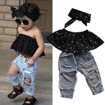Pudcoco Moda 0-3 Ani Copilul Nou-născut Fete Haine Dot Înfășurat Piept + Mlaștină Pantaloni din Denim + Bentita 3pcs Tinuta Set