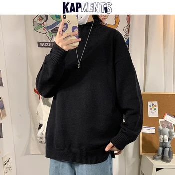 KAPMENTS Mens Japoneză Streetwear Solid Pulovere Pulover 2020 Toamna Barbati Vintage Negru Tricotate Pulover Masculin Harajuku Pulover