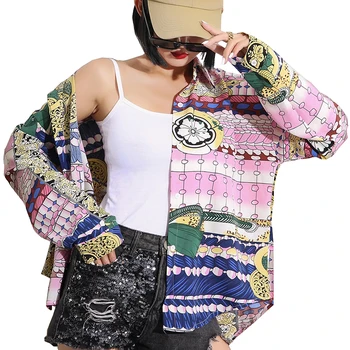YOMING YM049 Moda Oficial Tricou Femei Lady Bluza Print Topuri de Turn-Down Guler Maneca Lunga Butoane Streetwear