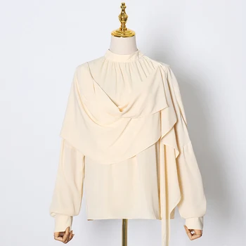 TWOTWINSTYLE Casual Ruched Tricou Pentru Femei Stand de Guler Maneca Lunga Mari Dimensiuni Minimalist Bluza Feminin 2020 Toamna de Moda Noua