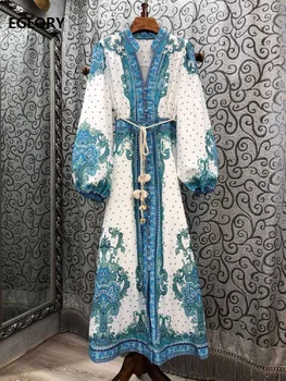 2020 Toamna De Moda Rochie Lungă, De Înaltă Calitate Femei V-Gât Elegant Flower Print String Cureaua Mozaic Maneca Lunga Albastru Rochie Maxi