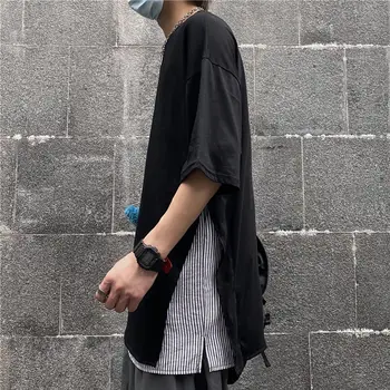 Vară cu mânecă Scurtă Tricou Barbati Moda Dungi Împletit Casual de Bumbac T-shirt pentru Bărbați Street Sălbatice Liber coreean Tricou Barbati Topuri