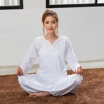 2019 India Tradițională Femeie Yoga Costum de Bumbac Hand-made Broderie Zen Formare KurtasThin Kundalini Top Alb Stil Etnic