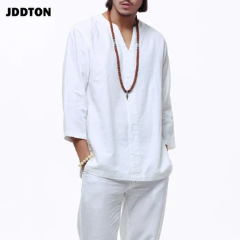 JDDTON Oameni Noi Vara Lenjerie de pat din Bumbac cu Maneca Lunga din Bumbac Casual Cămăși în Stil Masculin Solid de Culoare Solidă V-neck Shirt JE102