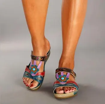 Femeia Papuci Floare Platforma Etnice Colorate Pantofi Plat Femeie Confortabil Casual, Sandale De Moda De Sex Feminin De Vară 2020 Nou Cald