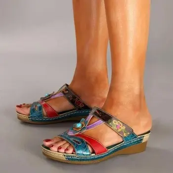 Femeia Papuci Floare Platforma Etnice Colorate Pantofi Plat Femeie Confortabil Casual, Sandale De Moda De Sex Feminin De Vară 2020 Nou Cald