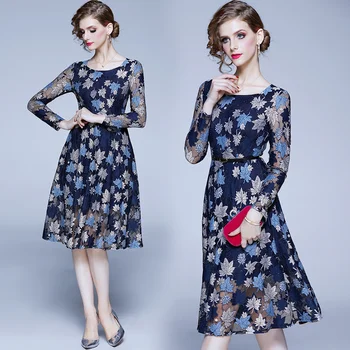 Simgent O Linie Rochie de Moda pentru Femei Maneca Lunga Gât Casual Elegant Rochie de Dantelă Florale Vestidos Femei Îmbrăcăminte SG003311
