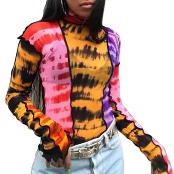 Femei cu Maneci Lungi Guler T-Shirt de Bloc de Culoare cu Dungi Volane Pulover Topuri N0HE