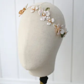 Aur delicat Florale Nunta Tiara Bentita cu Frunze Verzi Par Mireasa Coroană de Mână cu fir Femeile Moale Hairband Accesorii