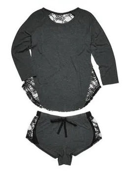 Femeile Liber Casual cu Maneci Lungi din Dantela Mozaic Bluza tricou Topuri Sexy Fierbinte de Înaltă Talie Pantaloni scurți 2 buc Sleepwear Set de Pijama