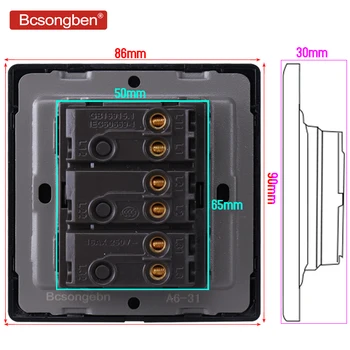 Bcsongben standard comutator buton întrerupător de perete din oțel inoxidabil Negru acrilic 3 Banda 1 Mod de Comutare AC 110-250V kd1-3k1