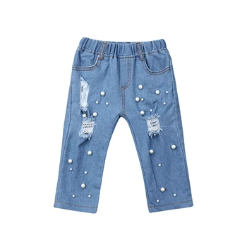 Moda Vara Rece Fete Pentru Copii Ștrasuri Din Mărgele Pantaloni Din Denim Copilul Sugar Talie Mare Gaura Distrus Pantaloni Lungi Pantaloni Casual Uza