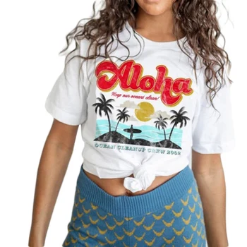 2020 NOUA Vara Plaja Tropicala Imprimare Femei Alb T-shirt Aloha Short Sleeve O de Gât Liber Casual Top Femei T-shirt de Sus