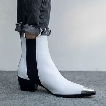 2019 Primavara/Toamna Design Clasic Alb-Negru din Piele Subliniat de la Picior toc Pătrat Chelsea Cizme Confort Bloc Toc Pantofi pentru Femei
