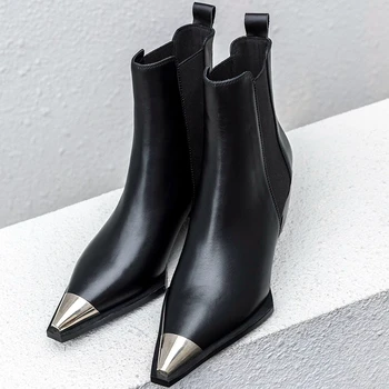 2019 Primavara/Toamna Design Clasic Alb-Negru din Piele Subliniat de la Picior toc Pătrat Chelsea Cizme Confort Bloc Toc Pantofi pentru Femei
