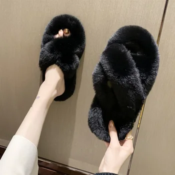 2020 Versiunea coreeană De Frumos Artificiale Scurte de Lână pentru Femei Papuci Cald Fund Plat Interior Vânzare Fierbinte Bumbac Acasă Pantofi