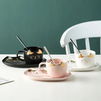 3PCS/Set Nordic URI de Desene animate Lapte Cana Ceramica Costum Cupa Pisica Drăguț Cana de Cafea Militare Ceasca si Farfurie de Bucătărie Bar Cana de Lapte de Origine Sticlă